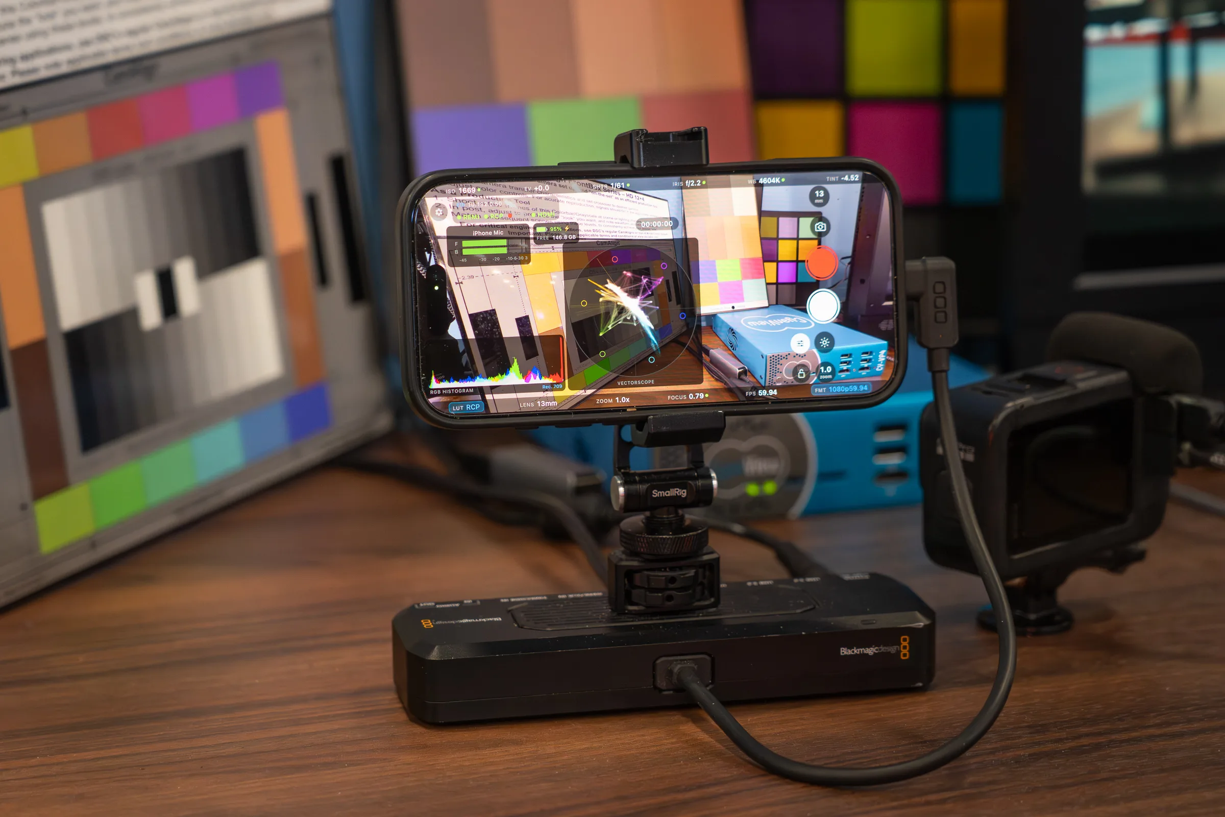 CyanCamera app running on an iPhone in a broadcast test setup